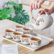 新款日式茶具套装一壶六杯茶具招财猫陶瓷梅花手绘茶具套装水壶茶