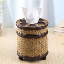 圈纸纸巾筒创意客厅卷筒纸抽盒泰国复古竹编实木质家用桌面纸巾盒