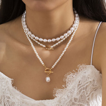 3件套OT扣蚕宝宝人造珍珠项链套装 欧美简约时尚优雅叠戴锁骨链女