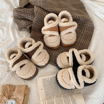 细细条 儿童羊羔毛棉鞋冬季保暖ins魔术贴男童女童亲子加绒豆豆鞋