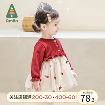 宝宝周岁生日礼服公主裙子儿童秋装女童红色连衣裙长袖婴幼儿洋气