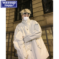 WASSUP HAPPYpu皮羽绒棉服男生冬季厚外套小众立领拉链面包机车服