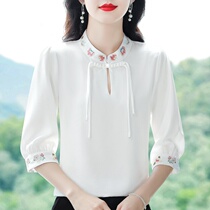 新中式真丝衬衫七分袖女装夏季新款洋气小衫国风刺绣桑蚕丝上衣潮
