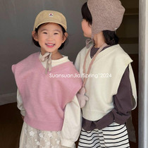 韩系童装儿童无袖套头毛线马甲春季新品男女童针织V领背心洋气