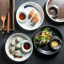 日式手绘陶瓷盘子带分隔碟 饺子专用盘薯条盘 圆形菜盘西餐盘平盘