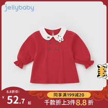 女童纯棉长袖t恤1一3岁女儿童内搭打底衫春秋娃娃领6宝宝红色上衣