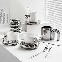 态生活 ins风马克杯创意银色高颜值女水杯套装可爱杯子陶瓷咖啡杯