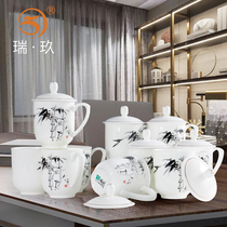 10个中式骨瓷会议杯茶杯喝茶杯子办公杯带盖水杯会议室杯子套装