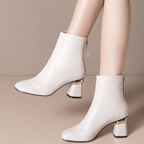 短靴女士粗跟皮鞋2023年秋冬季新款显瘦短筒高跟鞋米白色真皮靴子