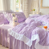 紫色床裙单件ins风少女公主风床上泡泡纱被套花边被罩床罩四件套