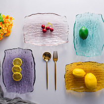 创意彩色玻璃方形盘子 不规则手工干果盘水果盘沙拉盘家用树纹盘