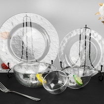 日式和风锤目纹玻璃盘子透明玻璃碗沙拉碗甜品西餐盘日本餐具套装