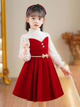 儿童生日晚礼服秋装女童钢琴演出红色丝绒公主裙小女孩加绒连衣裙