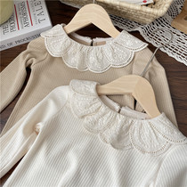 婴儿打底衫女宝宝纯棉洋气公主女童蕾丝花瓣领上衣白色长袖T恤秋