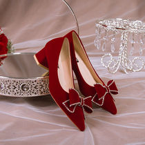 婚纱秀禾鞋女新娘结婚鞋2023新款礼服酒红色粗跟高跟不累脚孕妇鞋