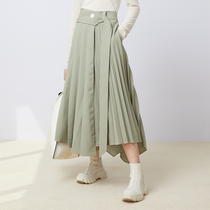 N·MORE设计师品牌 秋冬新品 鼠尾草绿围裹式拼接百褶半裙