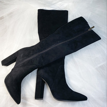 欧美风秋冬款黑色反绒长靴粗跟尖头真皮高筒靴时尚百搭女靴时装靴