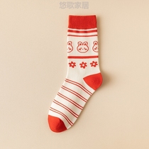 礼物中筒男士红色兔年女百搭防汗袜子袜子本命年新年吸汗舒适棉袜