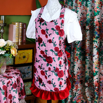 美式复古红玫瑰围裙防污围腰家用厨房隔油女成人时尚工作花边罩衣