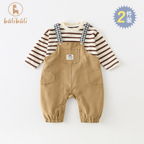 男宝宝春装套装0一3岁婴儿衣服春季韩版背带裤条纹打底衫两件套潮