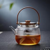 高硼硅玻璃提梁花草茶壶竖纹可电陶炉加热煮茶壶透明玻璃蒸茶壶