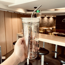 新品水杯双层隔热玻璃杯女款大容量高颜值带吸管ins风流沙办公室