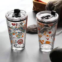 玻璃吸管杯带刻度水杯家用密封玻璃杯带盖大容量果汁杯汽车杯