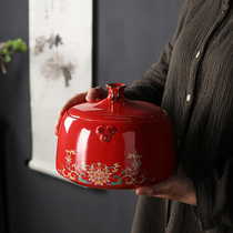 百贝中国红瓷罐干货家用储存密封罐宽口径带盖大号收纳陶瓷茶叶罐