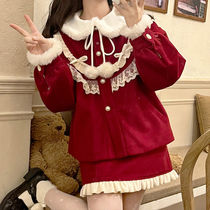 冬季新款红丝绒蛋糕新年战袍毛呢套装女短款上衣半身裙两件套