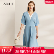 Amii2022夏极简新款撞色V领宽松束腰纽扣腰带腰封梭织连衣裙