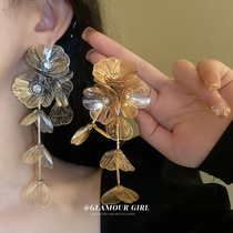 银针时尚镶钻花朵长款流苏耳环欧美个性夸张设计耳坠重工气质耳饰