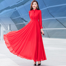 雪纺红色长袖连衣裙女2024夏季新款高端白色修身气质减龄大摆长裙