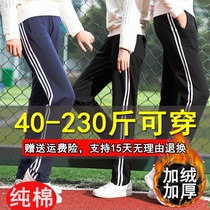 纯棉校裤两条杠男女春秋季运动裤直筒宽松条纹双杠藏蓝色夏季校裤