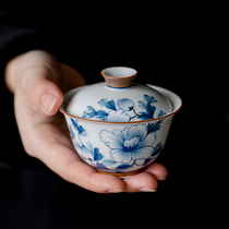 纯手绘兰彩茶花陶瓷盖碗茶杯不烫手家用单个茶碗带盖功夫茶具泡茶