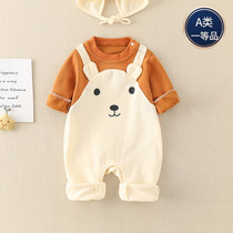 网红新生婴儿秋季衣服超萌男宝宝外出服可爱小熊假两件背带连体衣