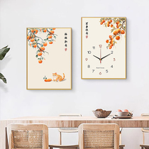 新中式餐厅装饰画带钟表两联画饭厅餐桌挂画网红壁画时钟平安喜乐