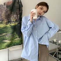 气质蓝色衬衫女学生韩版设计感小众上衣秋季新款女装长袖港味衬衣