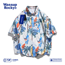 Wassup Rokcy夏季冰丝短袖枫叶衬衣男女潮牌宽松夏威夷花衬衫T恤