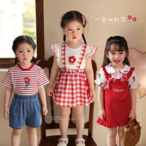 陈大猪小O宝 宝宝夏季套装女时髦洋气2023新款红色婴儿背带套裙