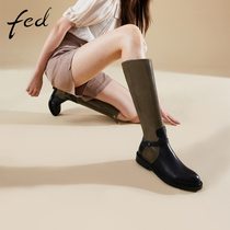 fed真皮长靴冬季新款高筒靴复古侧拉链女士骑士靴皮靴1214-YA560