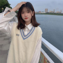 春季新款日系甜美V领刺绣毛衣马甲背心女学生韩版宽松外穿针织衫
