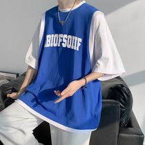 设计感克莱因蓝t恤男潮牌ins美式短袖男宽松假两件五分半袖体恤衫