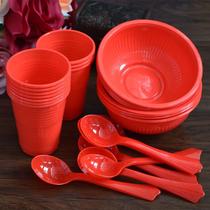 婚宴一次性碗筷杯子勺子结婚用品大全加厚环保塑料酒席喜宴大红色