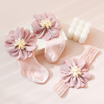 韩版公主婴儿袜子女宝宝发带礼盒套装百天满月礼物0- 2岁发饰头饰