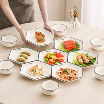 新中式盘子碗家用2024新款六角拼盘餐具组合轻奢碗碟套装陶瓷菜盘