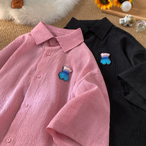 小熊粉色棉麻短袖衬衫男宽松透气免烫衬衣服夏季薄款潮牌亚麻外套