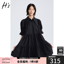 HS奥莱2023秋季新款衬衫式连衣裙女装黑色层次感复古少女感裙子