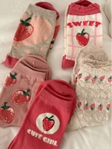 粉色袜子女甜美可爱袜子女中筒袜春秋夏季日系少女粉色草莓长筒袜