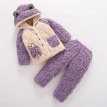 冬季女童宝宝珊瑚绒套装男童三层加厚款夹棉睡衣儿童法兰绒家居服