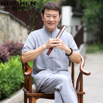 唐装中老年男士夏季薄款短袖套装50岁60外公中山装父亲中国风衣服